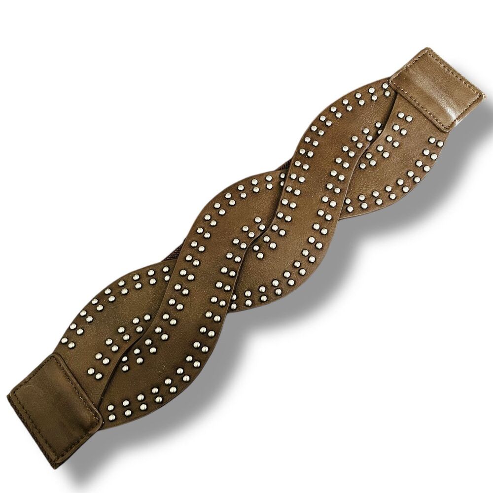 Women's Brown Vegan Faux Leather Studded Wide Braided Elastic Belt S/M 29”-31”